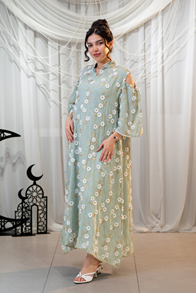 Hasnaa Abaya Turquoise Ramadan jalabiya with elegant white rose embroidery