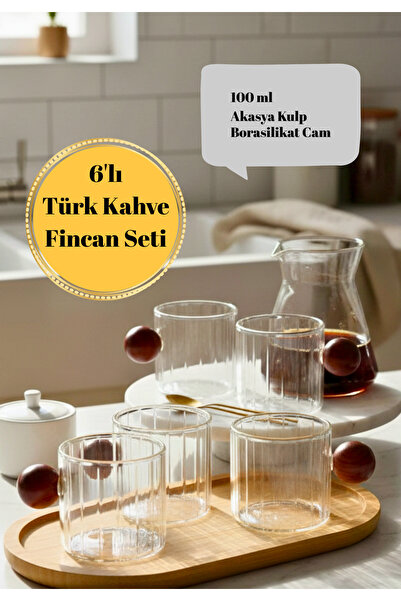 BRE HOME 6’lı Türk Kahvesi Fincan Seti 100 ml Akasya Kulp Borosilikat Cam