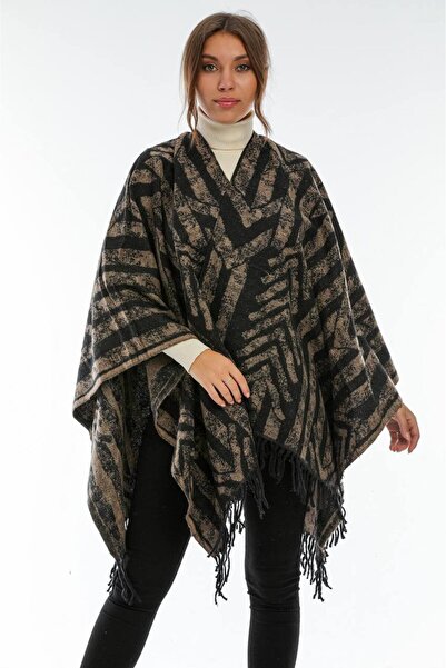 ALDAİR Kadın Kışlık Çift Taraflı Panço Omuz 140x140