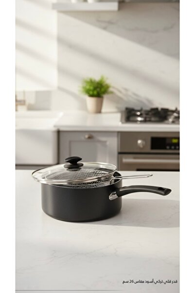 Generic Turkish black frying pan with glass lid – 26 cm