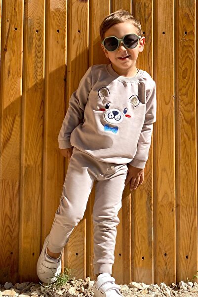 Breeze Baby Boy Tracksuit Set Happy Puppy Embroidered 9 Months-3 Years, Mink
