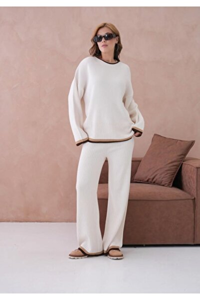 fuşyha butik Crew Neck Detailed Striped Anti-Pilling Knitwear Set