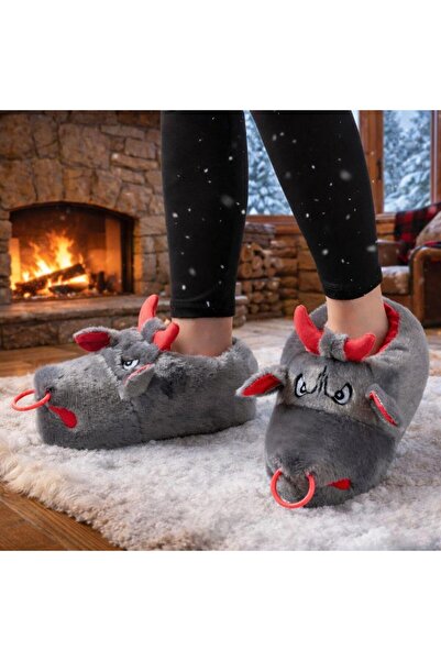 ARONA Gri Boğa Sessiz Taban Peluş Panduf - Unisex Ev Pandufu