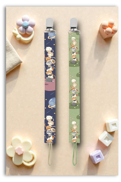 Mia Aurora 2li Uzay Temalı Kedili Lacivert ve Sevimli Kedili Yeşil Emzik Zinc...