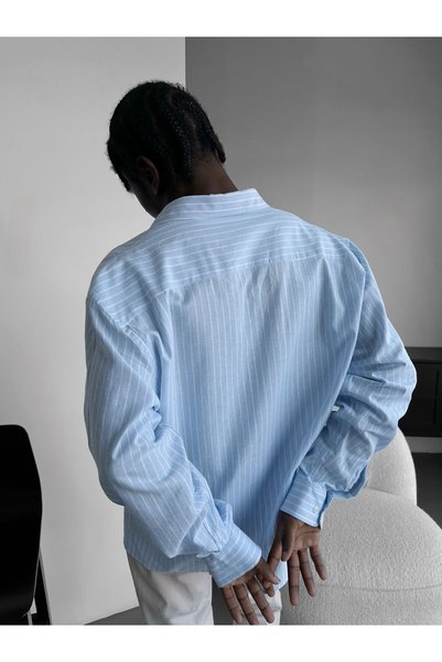 elkumoda Men's Oversized Striped Shirt Linen Blend Comfortable Fit Long Sleeve New Season Italian Collar Shirt