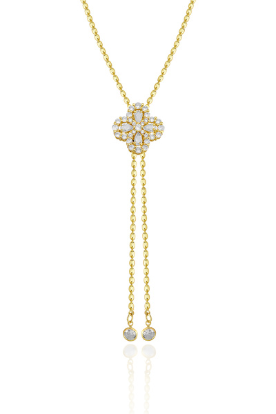 Cosmia Shine Kadın Gold Çelik Kolye Paslanmaz Kararmaz Zirkon Taşlı Yonca Det...