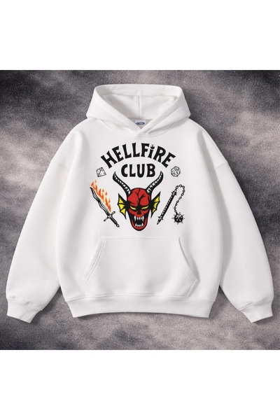 Touz Stranger Things Hellfire Club Baskılı Beyaz Unisex Sweatshirt