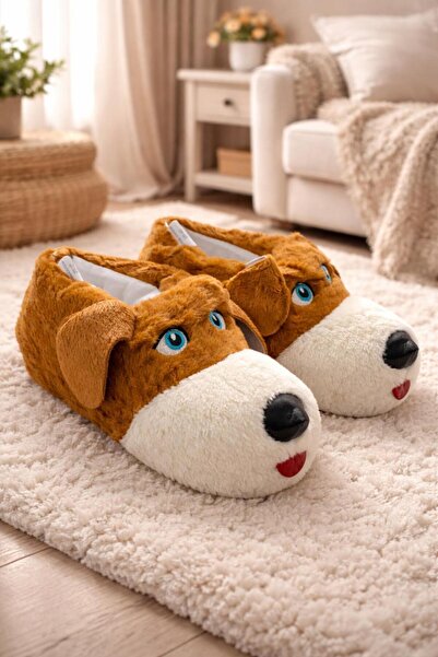 ARONA Sevimli Köpek Figürlü Taba Peluş Panduf - Unisex