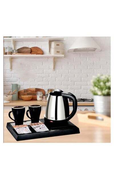 LC طقم غلاية كهربائية سعة 1.2 لتر مع صينية وكوبين سيراميك للشاي والقهوة