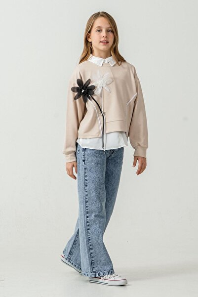 Minigimin Cicileri 3D Flower Detailed 3-Piece Girl's Suit - Beige