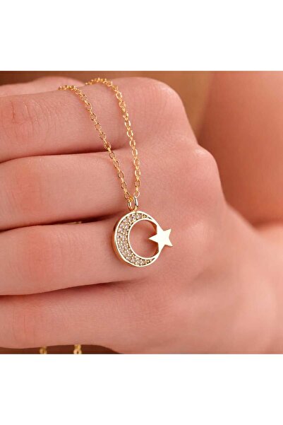 Ayzen Takı Zirkon Taşlı Ay Yıldız Türk Bayrağı Gold Çelik Kolye