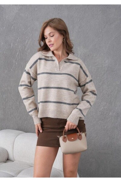 fuşyha butik Double-Breasted Collar Stripe Detailed Knitwear Sweater