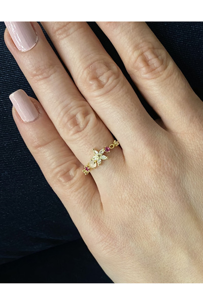 GOX Pink Stone Floral Minimal Ring