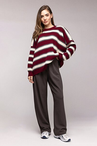 Saade Burgundy Striped Oversized Crew Neck Knitwear Sweater - Drop Shoulder