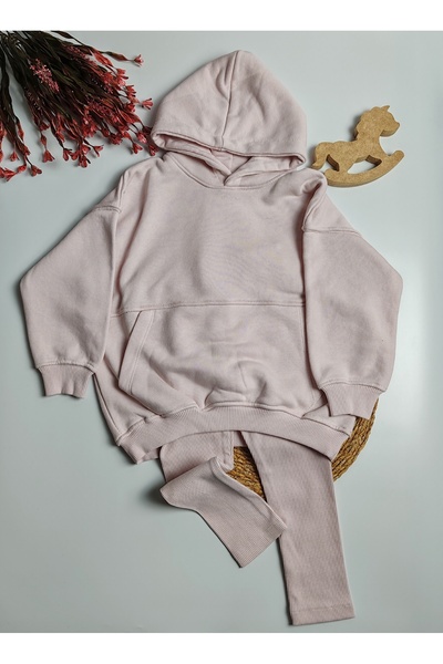 moda rüyası Powder Pink Hooded Girls' Leggings Top and Bottom Set – Ages 2–3