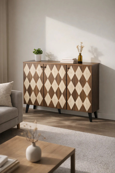 MARIA HOMES Dark Brown Shoe Cabinet with Geometric Pattern Doors 120 x 32 x 9...
