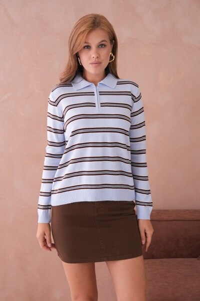 mysimy Women's Polo Neck Striped Detail Oversize Knitwear Sweater