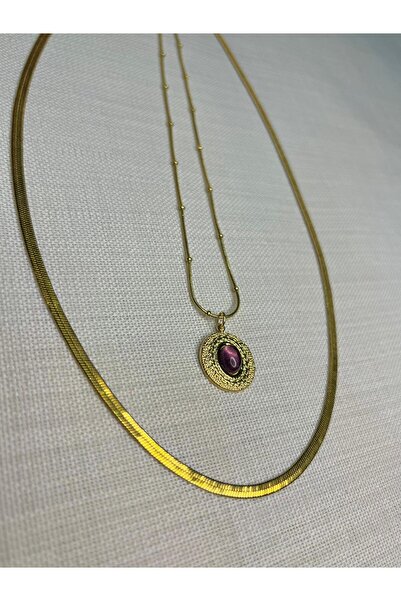 D&Z ACCESSORİES Set of 2 Vintage Necklaces |   Purple Stone Embroidered Neckl...