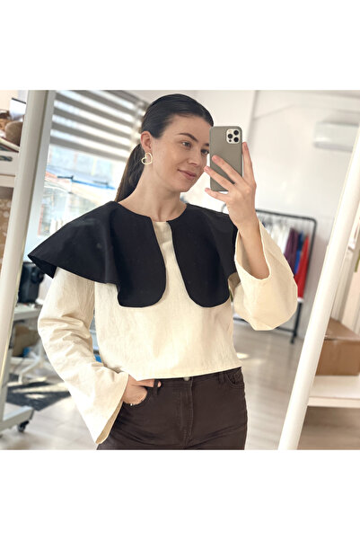 Nuvola slow fashion Cotton Blouse with Black Collar