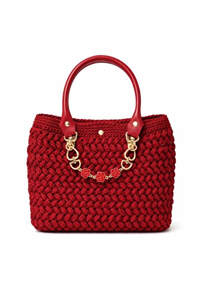 Mimoza Accessories Red Knitted Women's Handbag Stylish Daily Bag with Gold Ac...