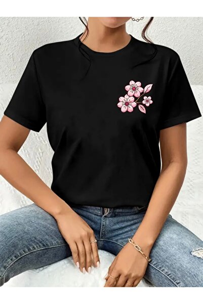 FUFLUNS تي شيرت نسائي كبير الحجم بياقة دائرية وطباعة زهور