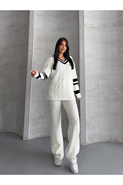 Evim Sepeti Stripe Detailed V-Neck Diamond Knitwear Double Set