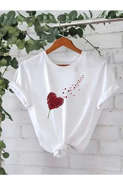 FUFLUNS تي شيرت كبير الحجم مطبوع عليه قلوب طائرة