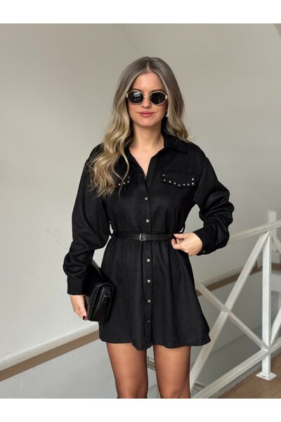 2she Beli Kemerli Zımbalı Süet Elbise