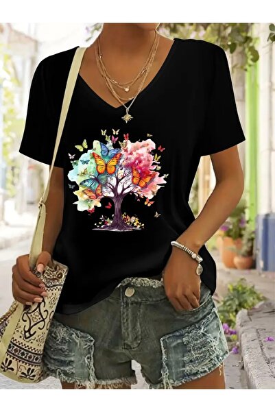 FUFLUNS تي شيرت نسائي كبير الحجم برقبة على شكل حرف V مطبوع عليه شجرة الفراشة ...