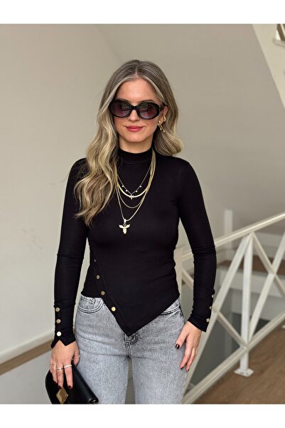 2she بلوزة بلي آند هاندلي بأزرار ذهبية - أسود