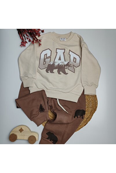 moda rüyası Beige Forest Themed Boys' Top and Bottom Set