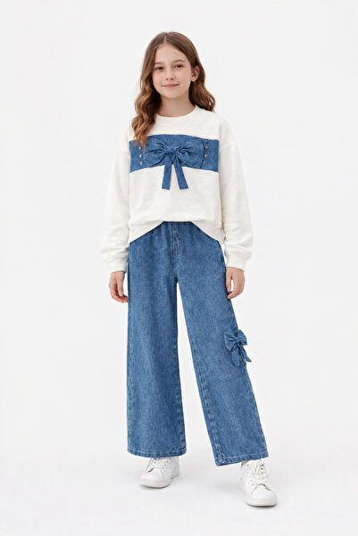 İncilay طقم بناتي بتفاصيل جينز وفيونكة – سترة وبنطلون للأعمار 10-13 سنة