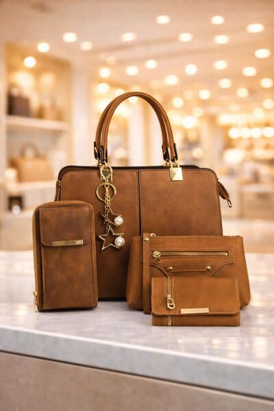 PefyBaby مجموعة حقائب نسائية بنية اللون مكونة من 4 قطع، حقيبة كتف وحقيبة يد ن...