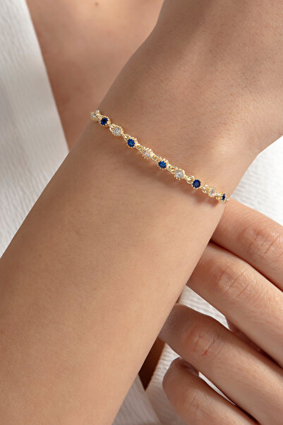 SARIASLAN Mavi Beyaz Zirkon Taşlı Kadın Gümüş Bileklik 14 Ayar Gold Renk