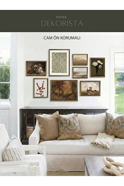 HOME DEKORİSTA Çerçeveli CAMLI Vintage 8’li Tablo Seti , Vintage Tablo, Manza...