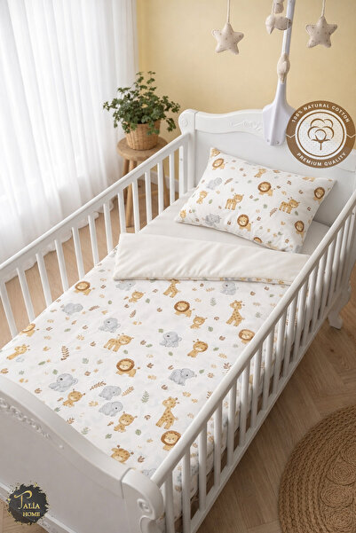 Safari Animals Patterned 100% Cotton Baby Crib Duvet Cover Set WITH Bed Sheet