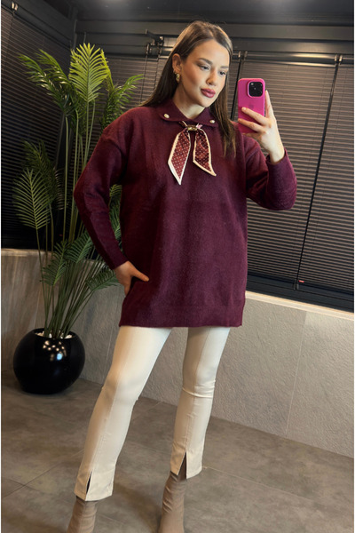 MİR STORE Burgundy Scarf Detailed Oversized Yumoş Sweater
