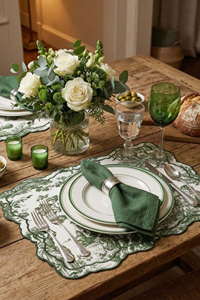 decofav Tableau Green Toile Patterned Embroidered American Tablecloth 2 Pieces
