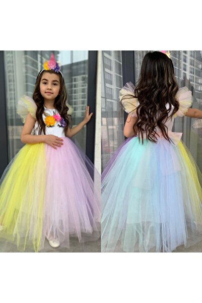 ZEYBABY Yellow Green Unicorn Crown Girl Birthday Party Dress