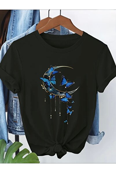 FUFLUNS TRICOU OVERSIZE CU GULER ROTUND, CU IMPRIMEU FLUTURI ȘI LUNĂ