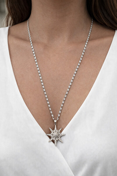 Çelik Gümüş Renk Zirkon Taşlı Kutup Yıldızı Kolye 60cm