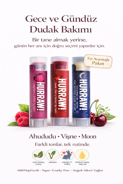 Hurraw Lip Balm 3’lü Set – Ahududu, Vişne ve Moon | Gece & Gündüz Dudak Bakımı