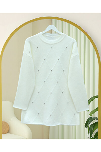 Modamorfo Stone Detailed Diamond Pattern Bearded Knitwear Tunic - White