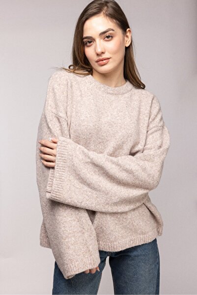 Saade Pulover tricotat texturat bej guler rotund supradimensionat - Detaliu c...