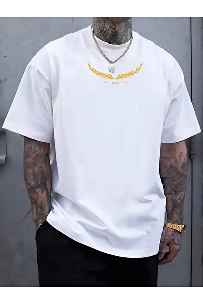 FUFLUNS تي شيرت رجالي كبير الحجم بياقة دائرية وطباعة تصميم