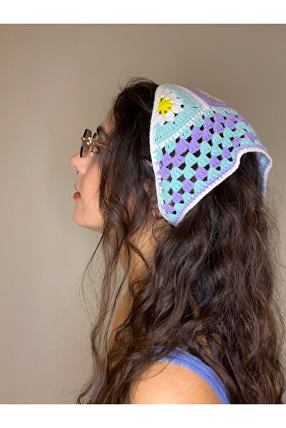 Ra Design store باندانا بنفسجية وتركوازية مزينة بالزهور، محبوكة يدويًا