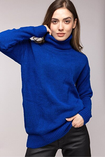 Saade Blue Turtleneck Oversize Knitwear Sweater