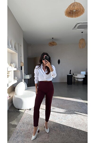 Buket Teke Burgundy Zr Model Waist Detailed Fabric Trousers