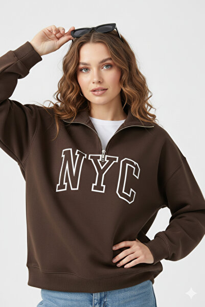SONGÜLBERİK Women's Nyc Embroidered Zipper Sweatshirt - Brown