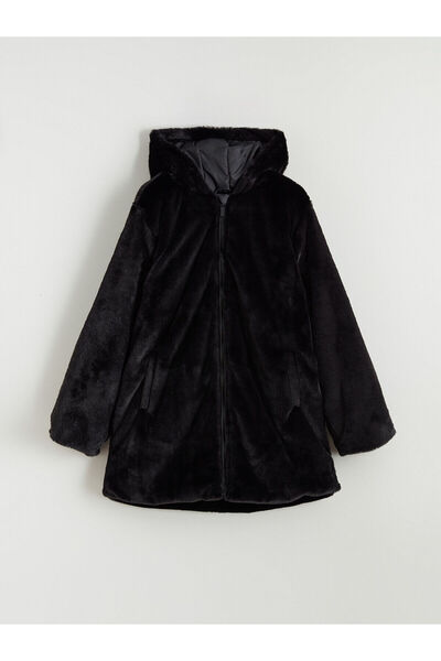 LC Waikiki LCW Kids Black cu glugă Palton din blană artificială pentru fete W...